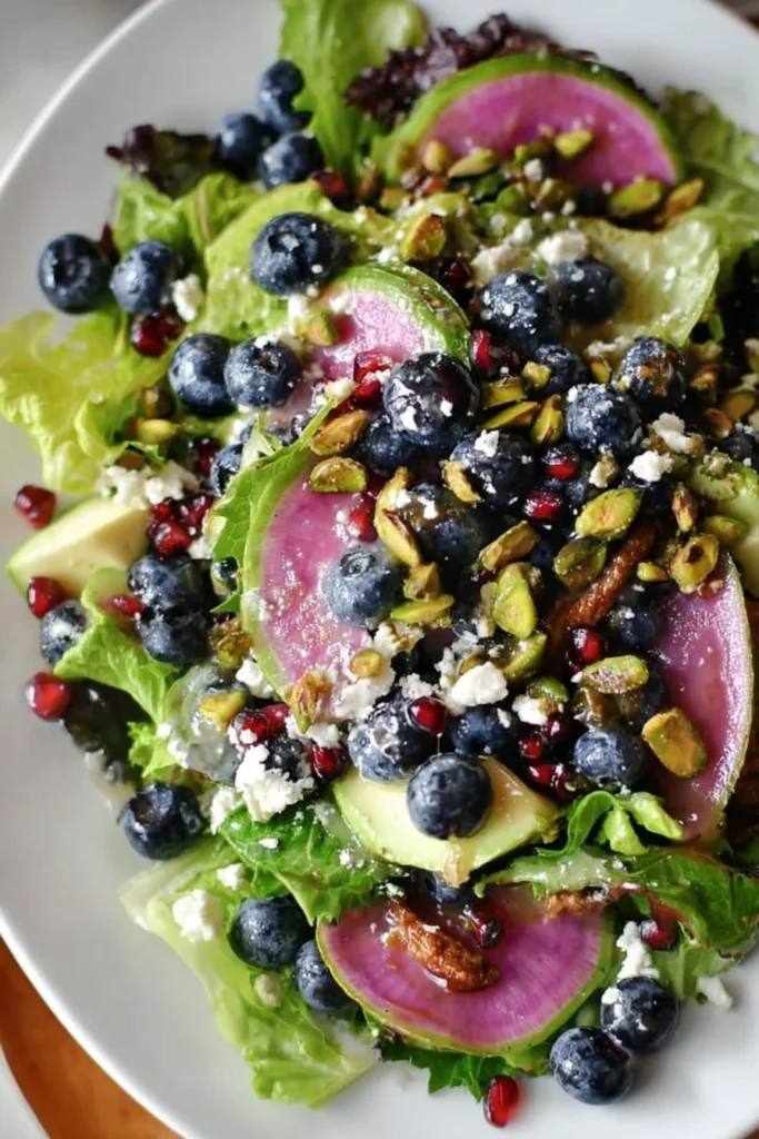 Delicious Blueberry Pistachio Spring Salad with fresh ingredients