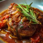 Delicious braised chicken thigh osso bucco served with vegetables.