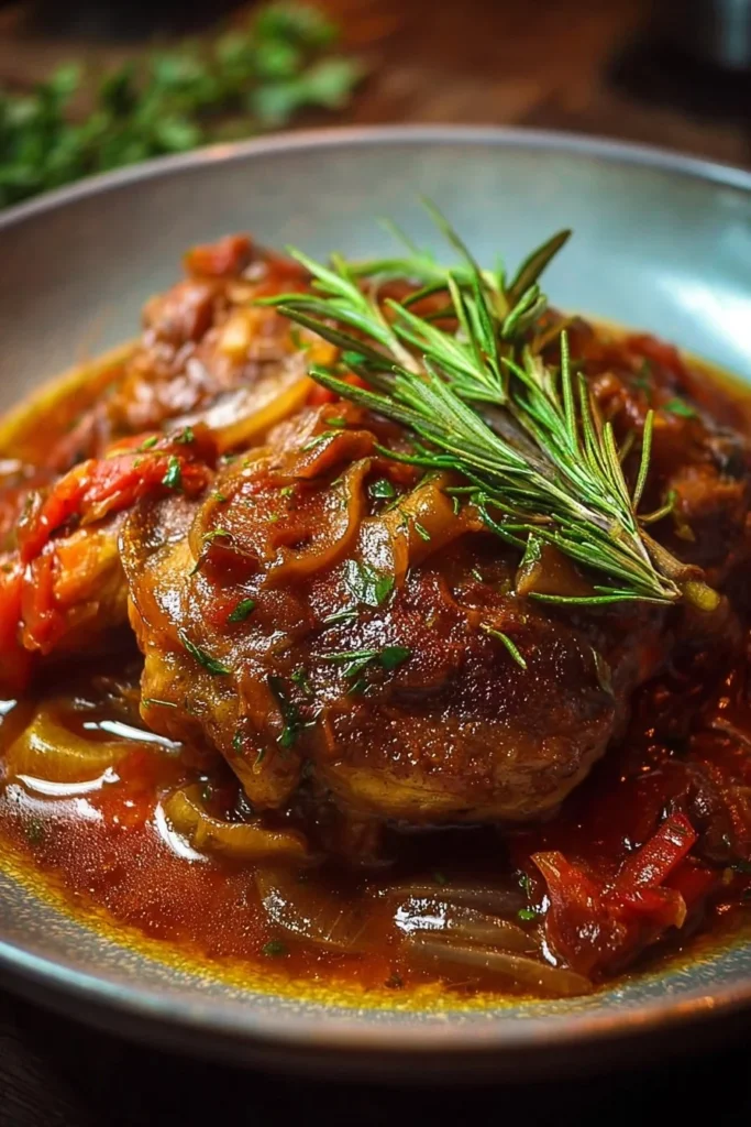 Delicious braised chicken thigh osso bucco served with vegetables.