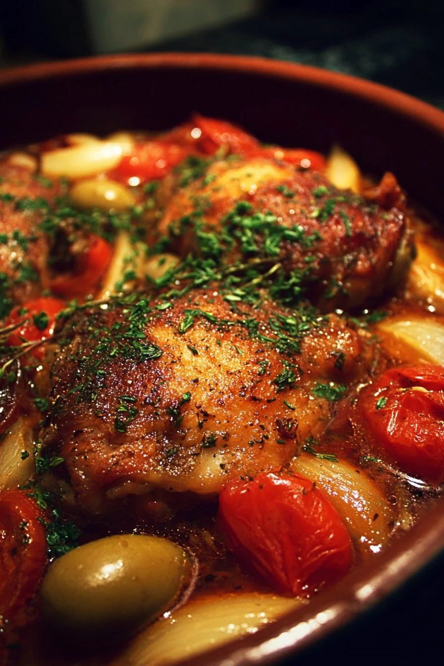 A beautifully plated Braised Provencal Chicken with herbs and vegetables