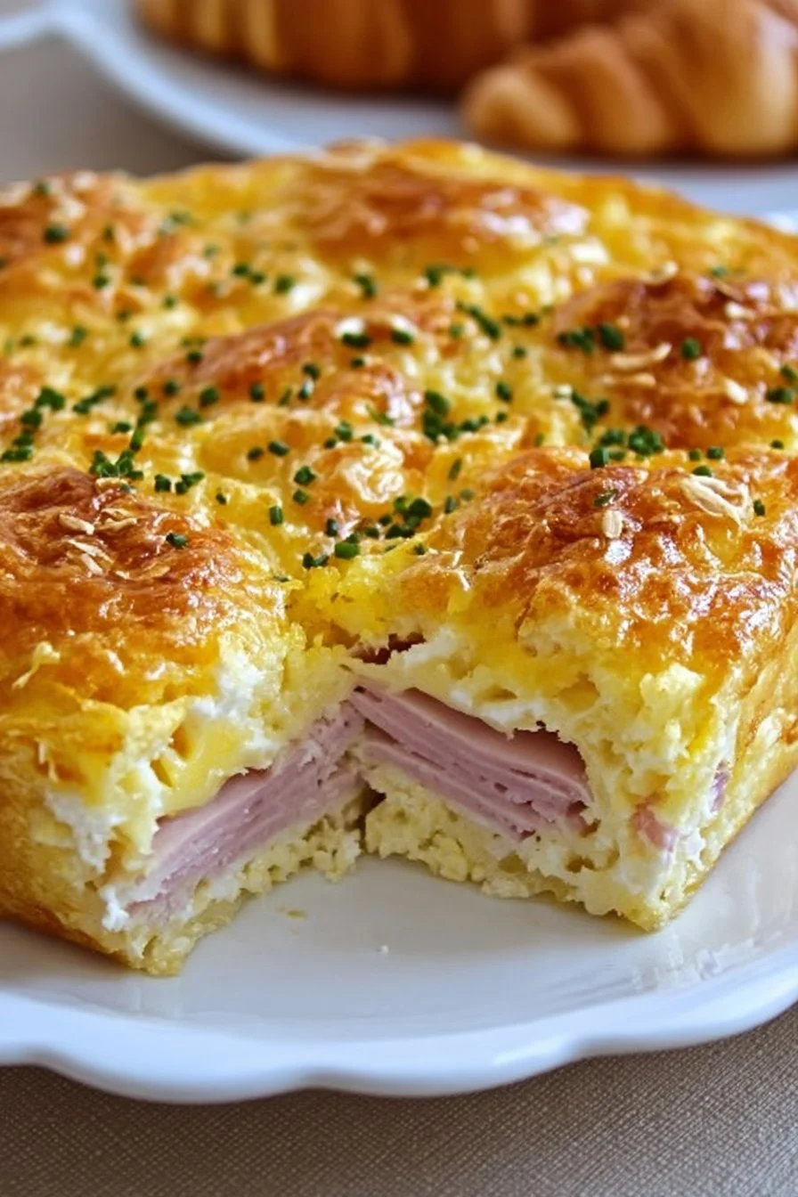 Breakfast casserole with ham and cheese, baked and served in a dish.