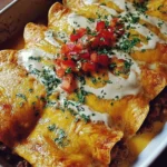 Delicious breakfast enchiladas topped with cheese and salsa on a plate