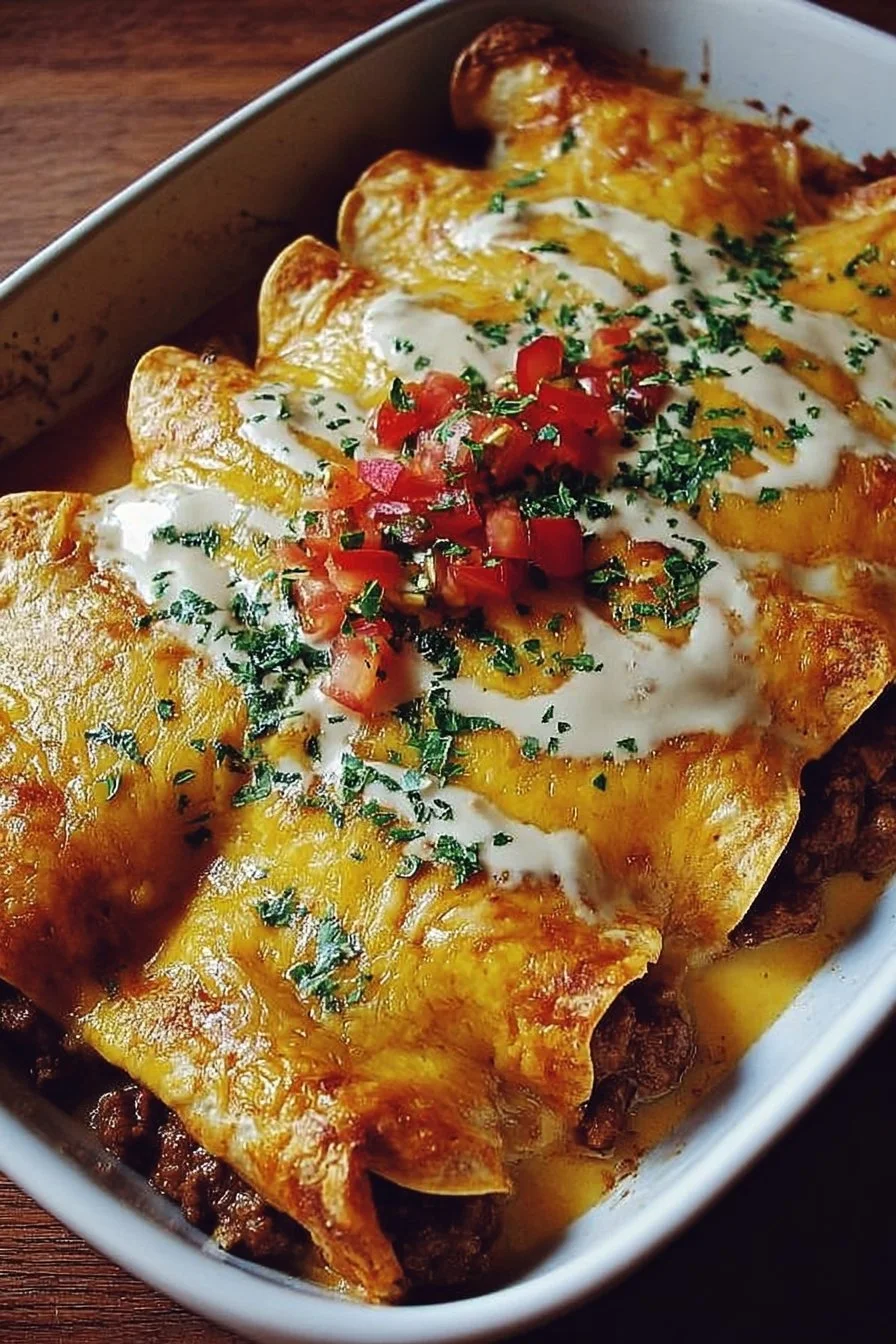 Delicious breakfast enchiladas topped with cheese and salsa on a plate