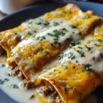Delicious breakfast enchiladas topped with creamy sausage gravy and fresh herbs.