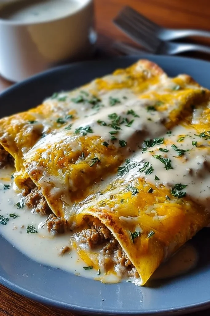 Delicious breakfast enchiladas topped with creamy sausage gravy and fresh herbs.