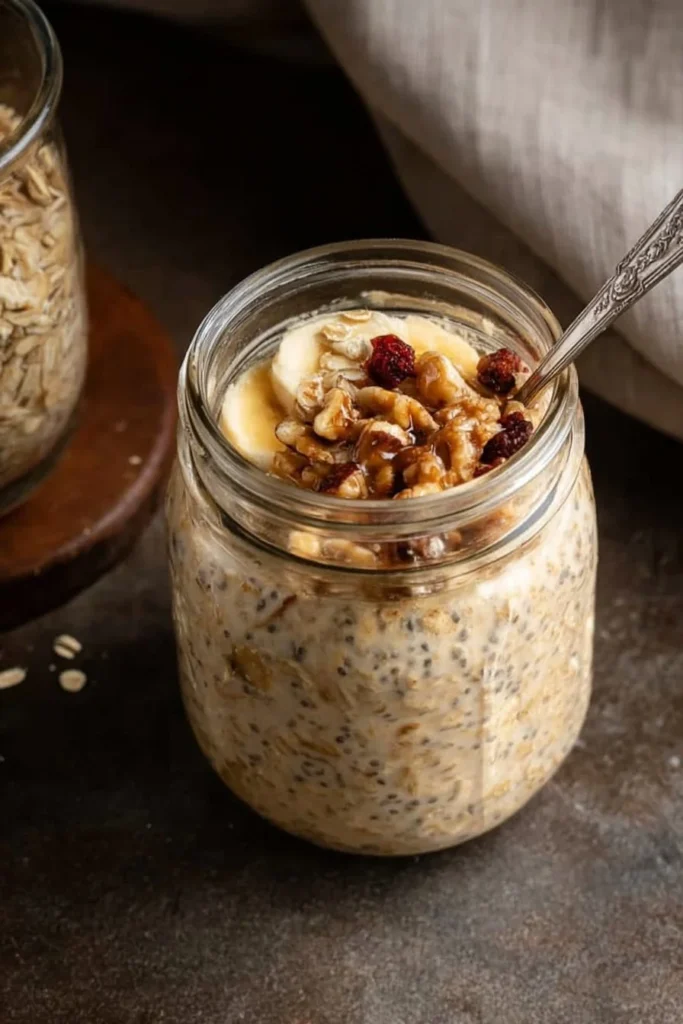 Bowl of brown sugar overnight oats topped with fruits and nuts