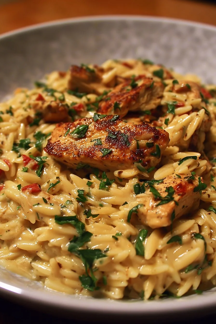Creamy Cajun Chicken Alfredo Orzo topped with herbs and spices in a bowl.