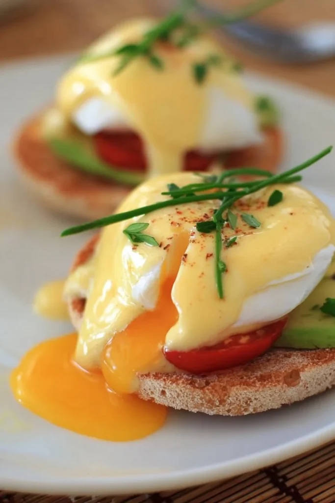 California Style Eggs Benedict topped with fresh avocado and hollandaise sauce.