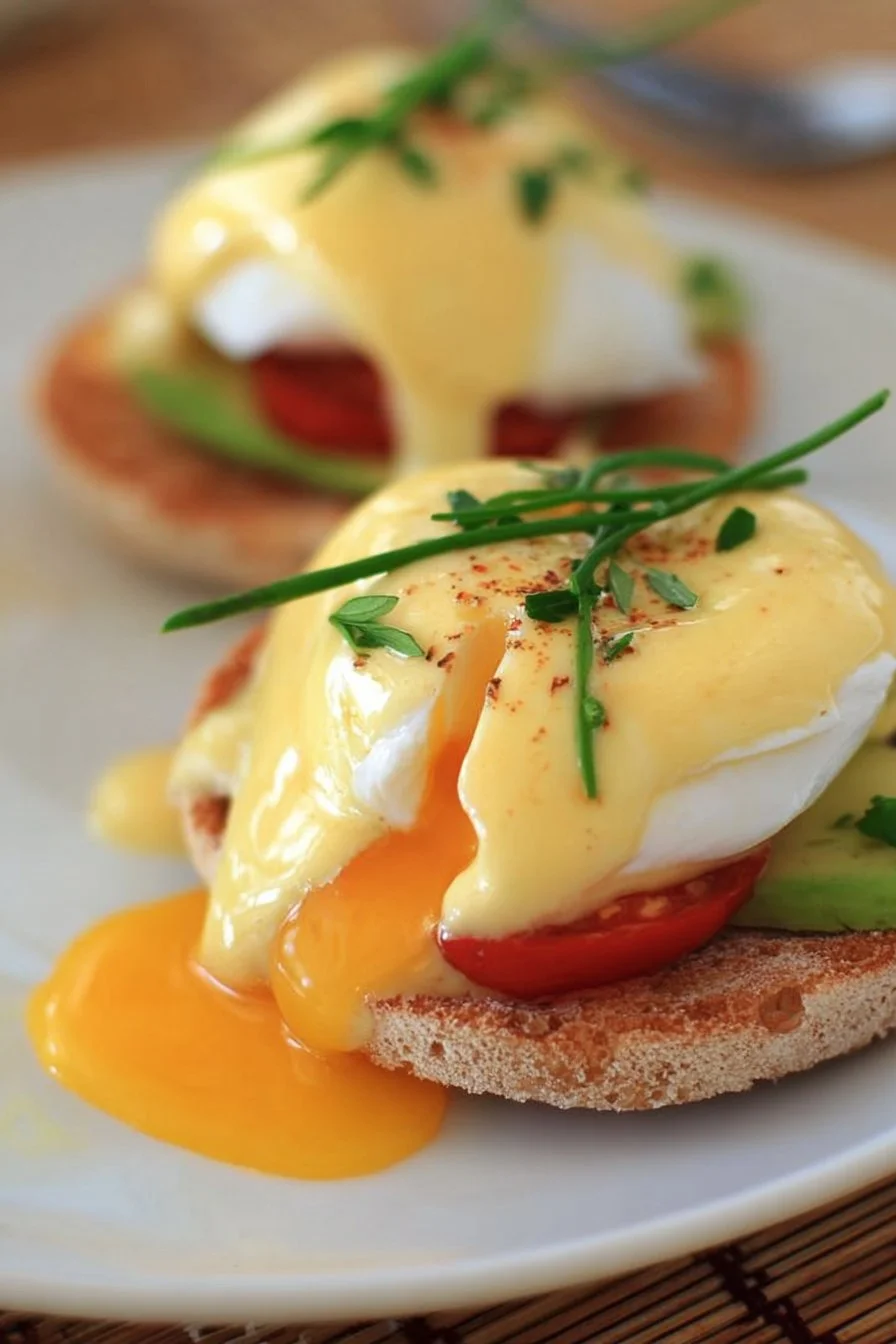 California Style Eggs Benedict topped with fresh avocado and hollandaise sauce.