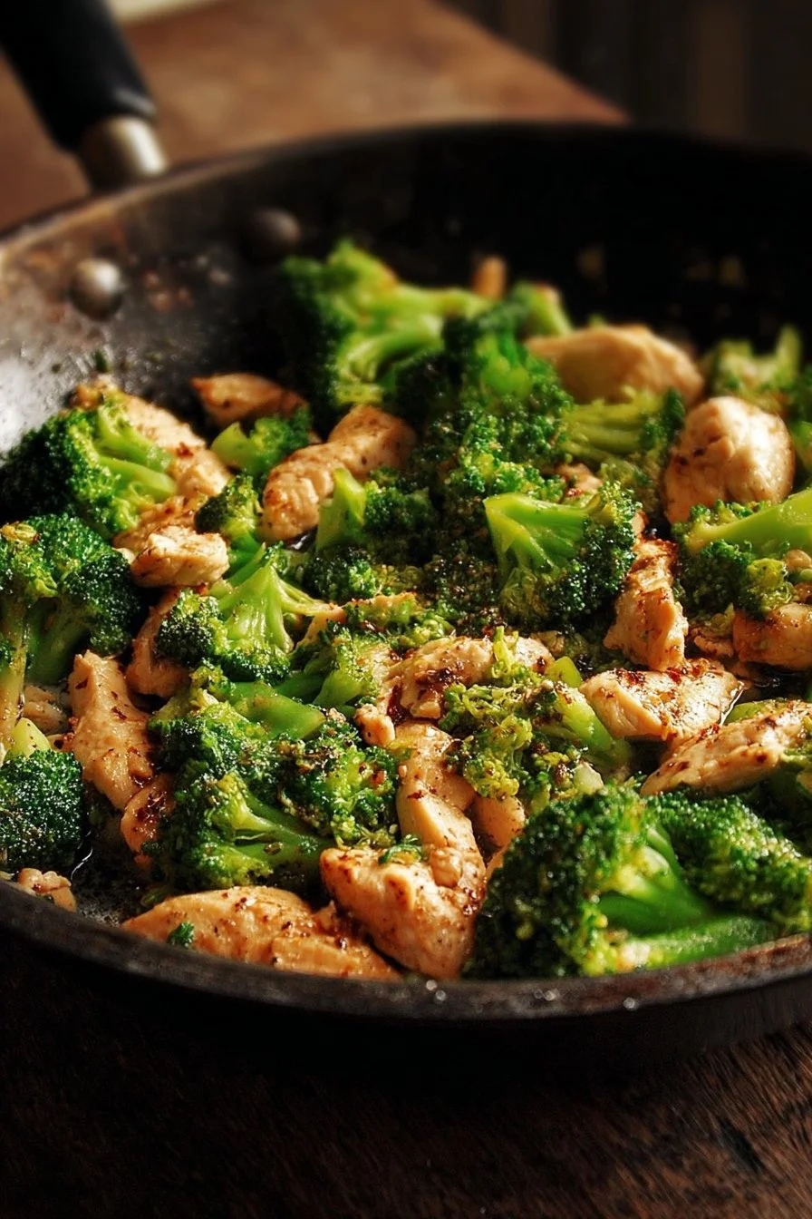 Chicken and Broccoli Skillet dish served with rice on a wooden table