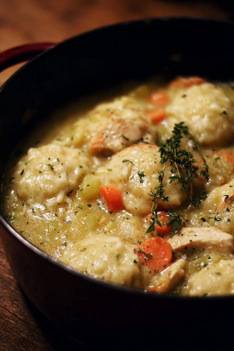 Bowl of homemade Chicken and Dumplings with fresh herbs and spices