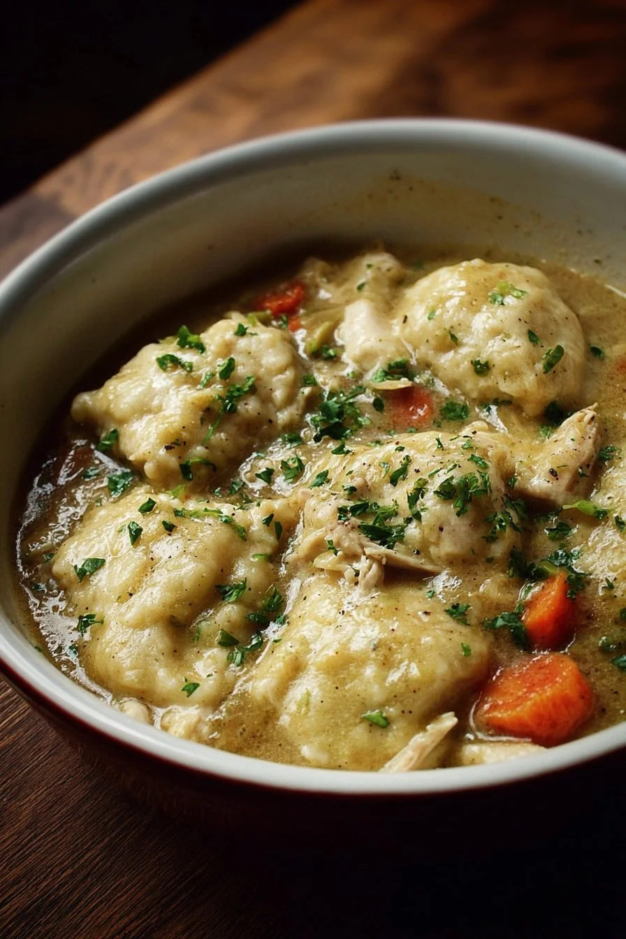 Bowl of homemade Chicken and Dumplings with fresh herbs and vegetables