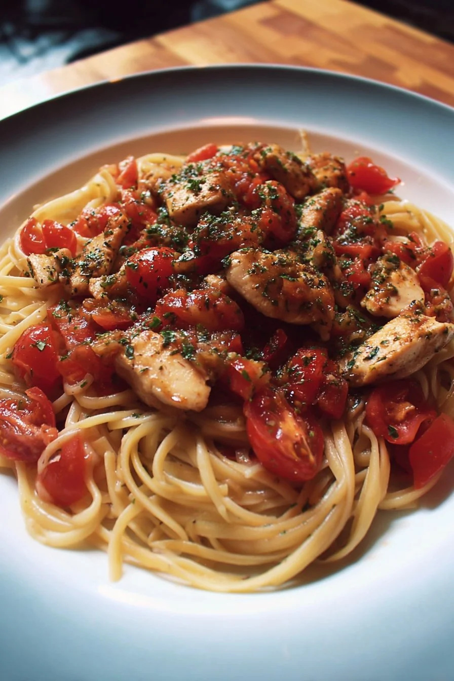 Delicious Chicken Bruschetta Pasta served with fresh tomatoes and herbs