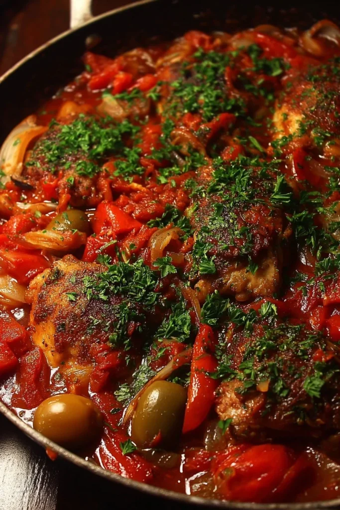 Delicious Chicken Cacciatore dish served with herbs and vegetables