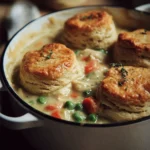 Delicious chicken pot pie topped with flaky biscuits, perfect for a hearty meal.