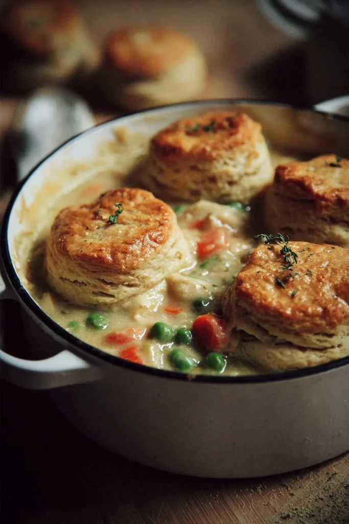 Delicious chicken pot pie topped with flaky biscuits, perfect for a hearty meal.