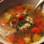 A bowl of homemade chicken vegetable soup with fresh ingredients.