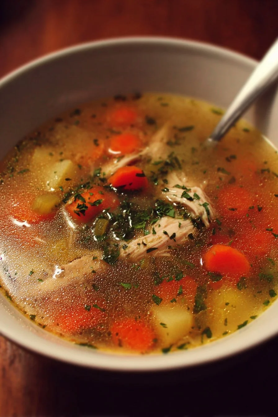 A bowl of homemade chicken vegetable soup with fresh ingredients.