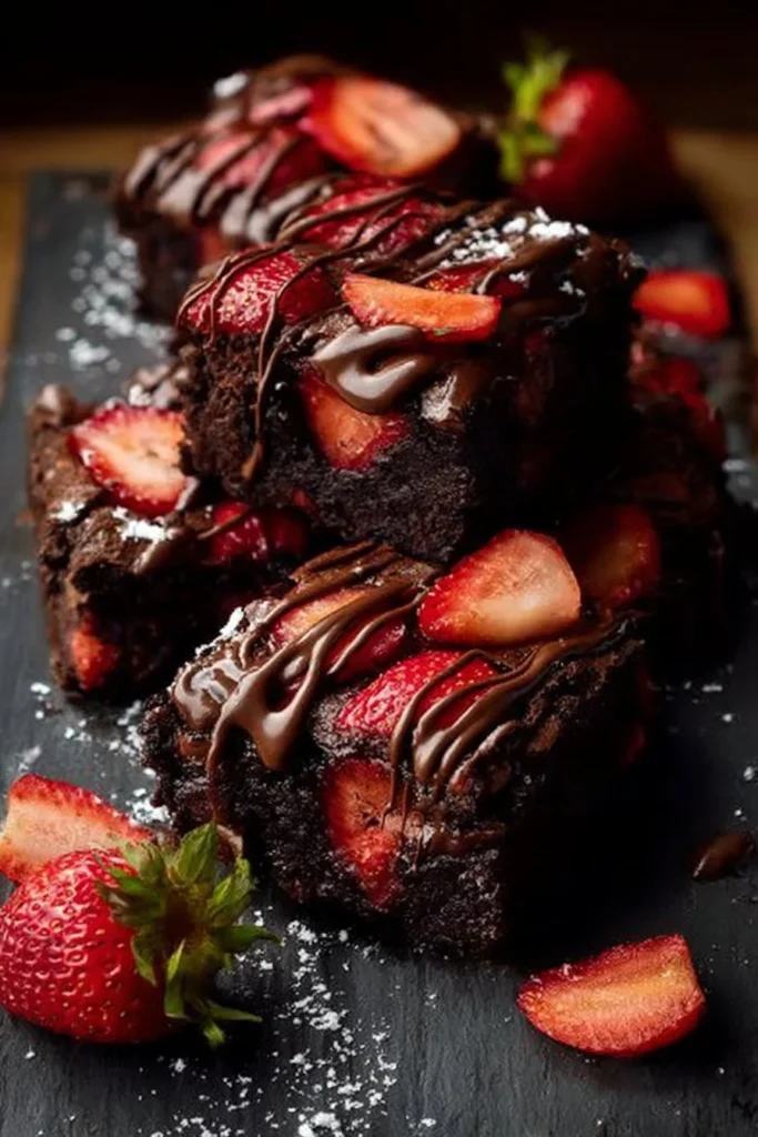 Delicious chocolate covered strawberry brownies on a plate