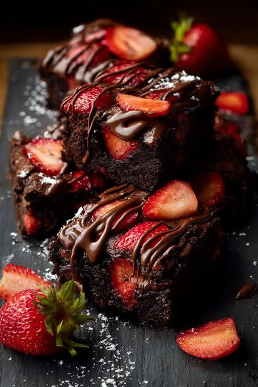 Delicious chocolate covered strawberry brownies on a plate