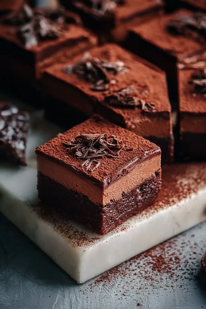 Delicious chocolate mousse brownies topped with creamy chocolate mousse