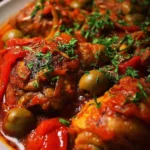Delicious Classic Baked Chicken Cacciatore served with fresh herbs and vegetables