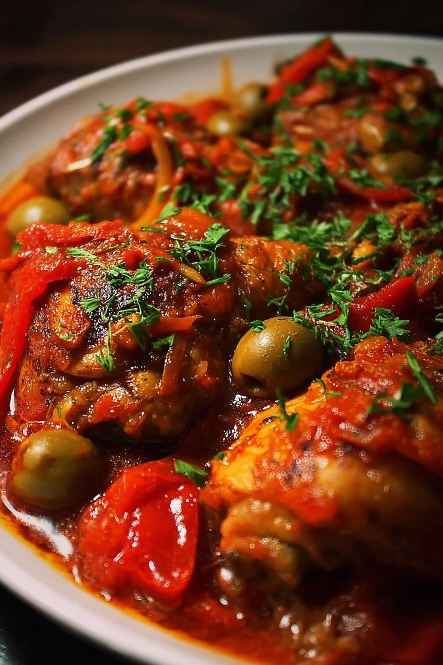 Delicious Classic Baked Chicken Cacciatore served with fresh herbs and vegetables