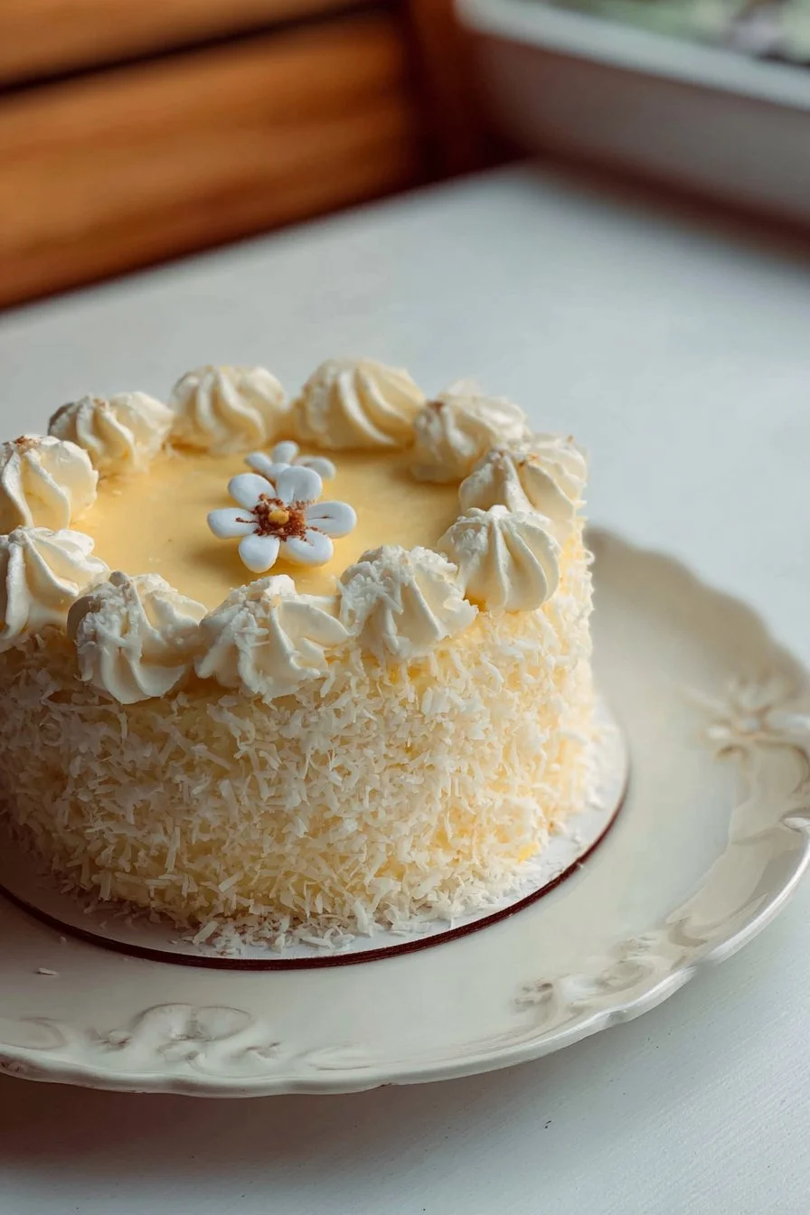 Delicious Coconut Cake topped with coconut flakes and frosting