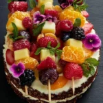 Colorful fruit and cheese skewers arranged on a platter