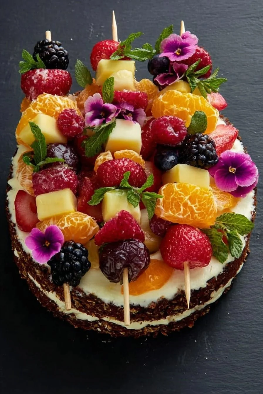 Colorful fruit and cheese skewers arranged on a platter
