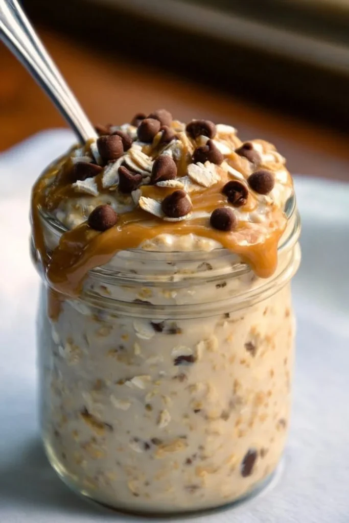 Bowl of cookie dough overnight oats topped with chocolate chips and nuts