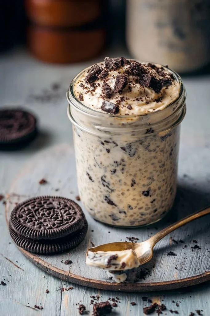 Delicious cookies and cream overnight oats topped with chocolate and cookie crumbles.
