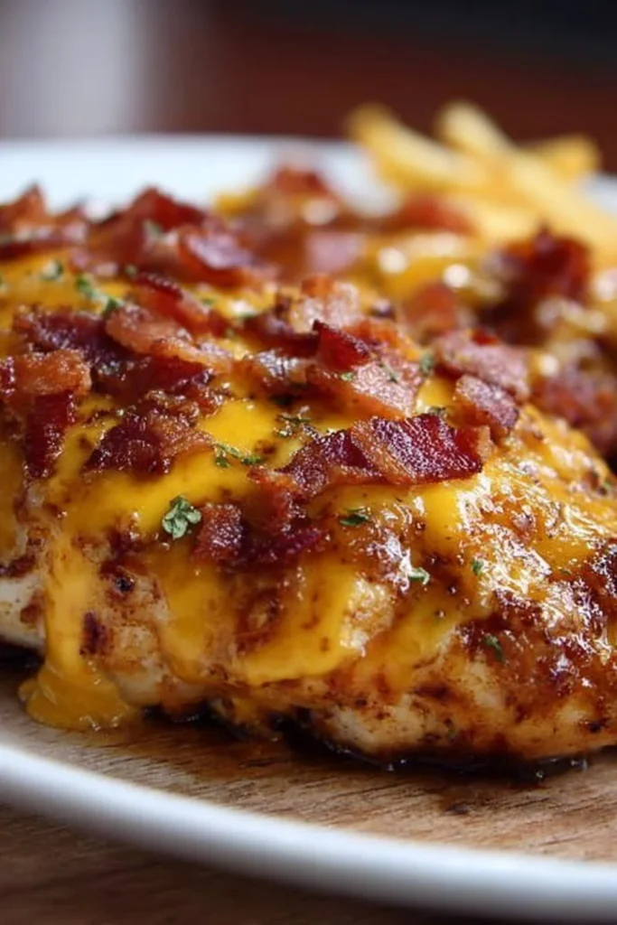 Cowboy BBQ Bacon Cheddar Chicken topped with barbecue sauce and cheese