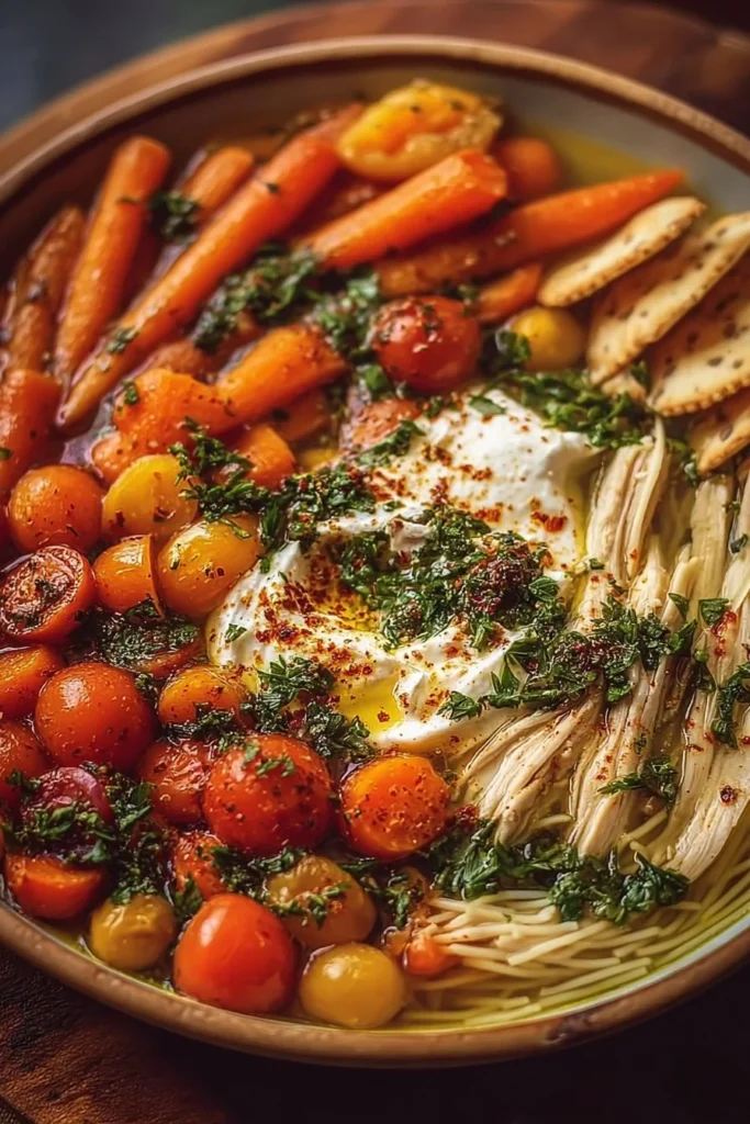 Bowl of cozy chicken noodle soup with fresh vegetables and herbs