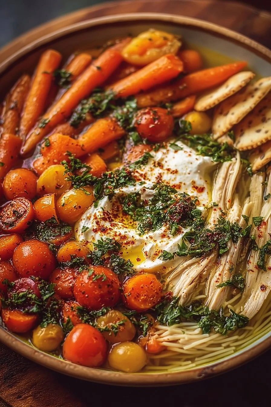 Bowl of cozy chicken noodle soup with fresh vegetables and herbs