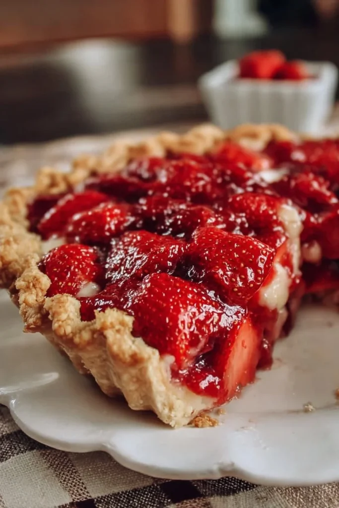 Delicious cozy fresh strawberry pie with a golden crust and fresh strawberries