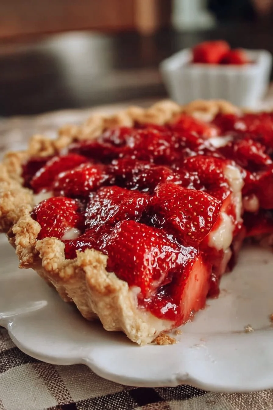 Delicious cozy fresh strawberry pie with a golden crust and fresh strawberries