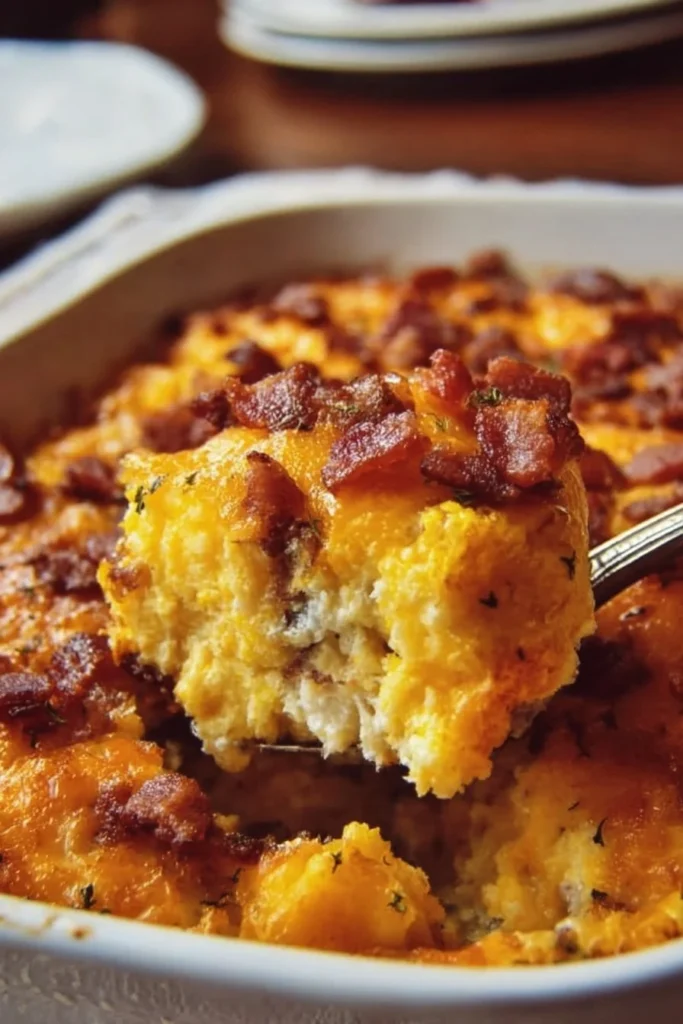 Delicious Crack Breakfast Casserole topped with cheese and herbs