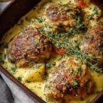 Creamy baked Dijon chicken thighs served on a plate with herbs.
