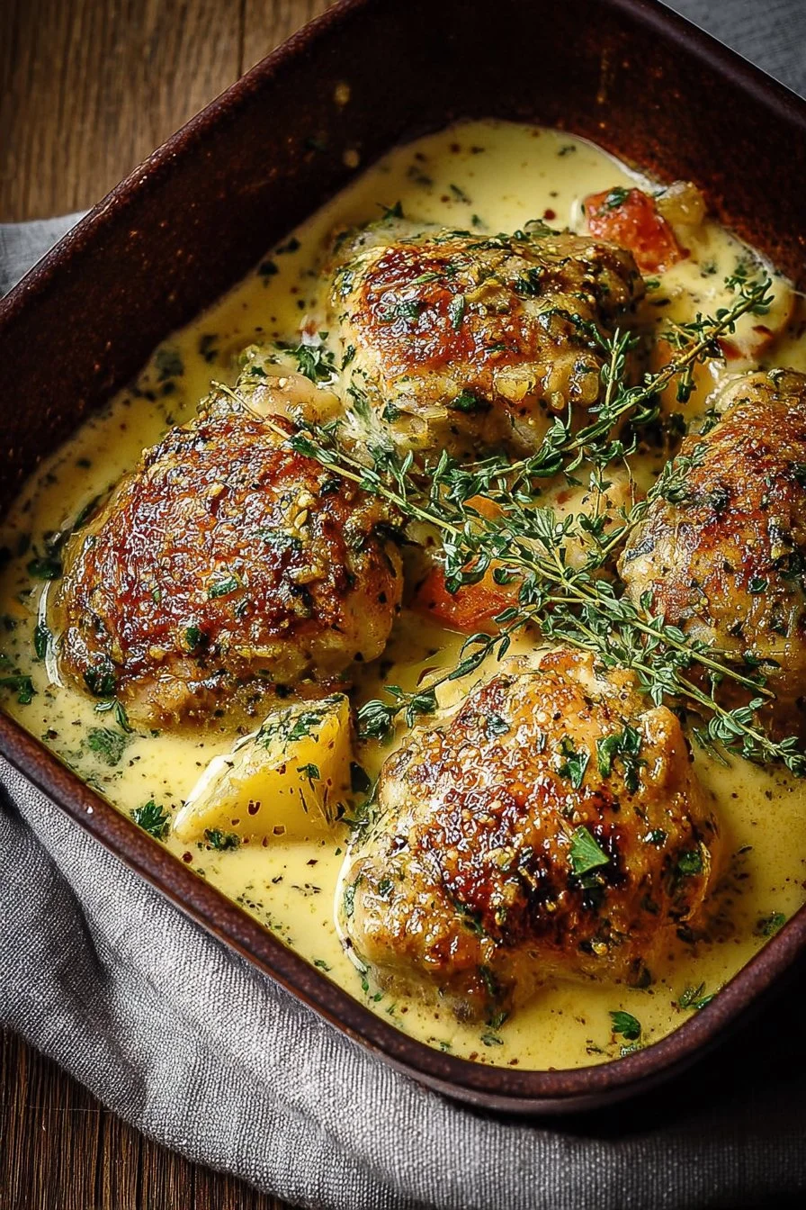 Creamy baked Dijon chicken thighs served on a plate with herbs.