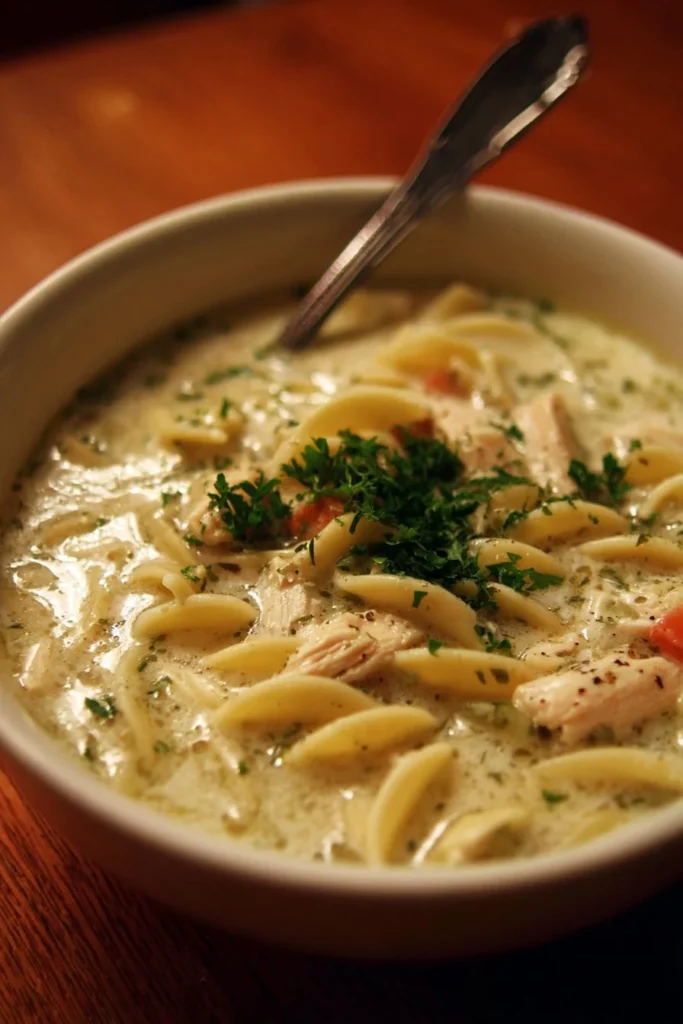 Bowl of creamy chicken noodle soup with herbs and vegetables