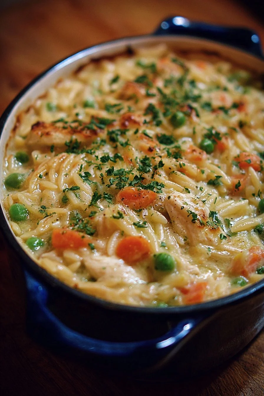 Creamy chicken pot pie orzo topped with fresh herbs in a bowl