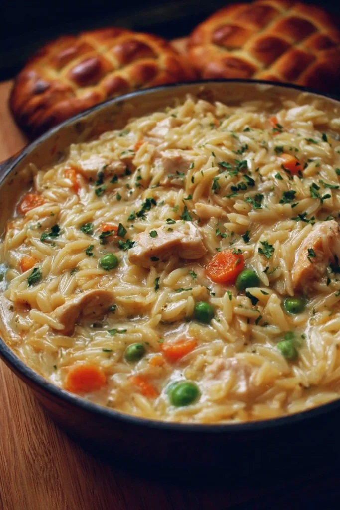 Creamy chicken pot pie orzo topped with golden crust and fresh herbs