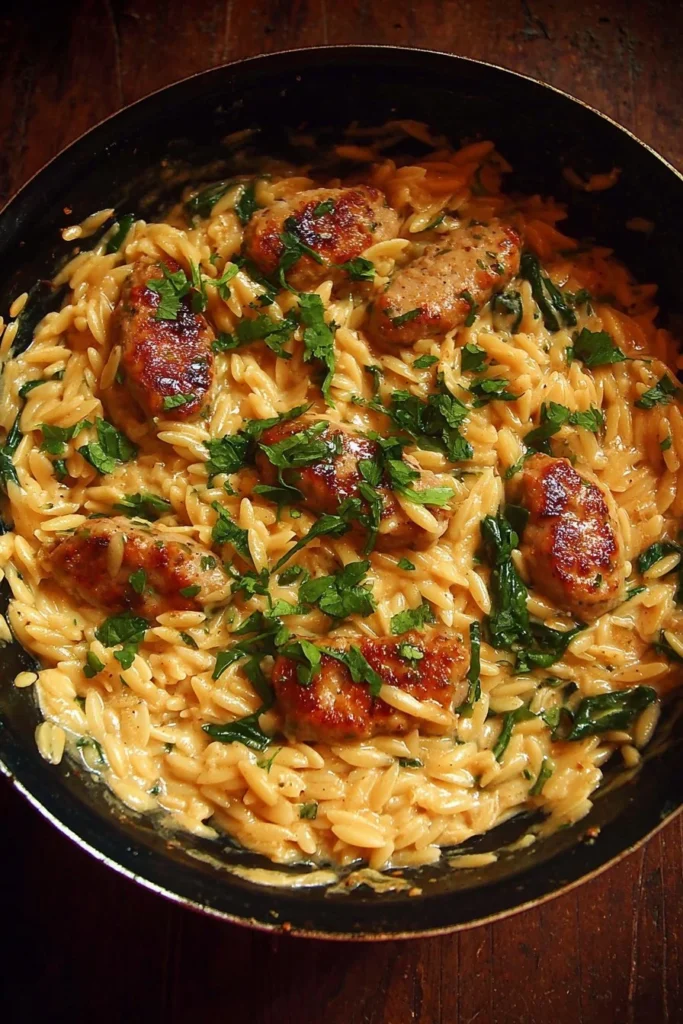 Creamy chicken sausage orzo dish garnished with herbs and spices