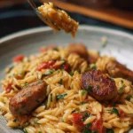 Creamy chicken sausage orzo dish garnished with herbs