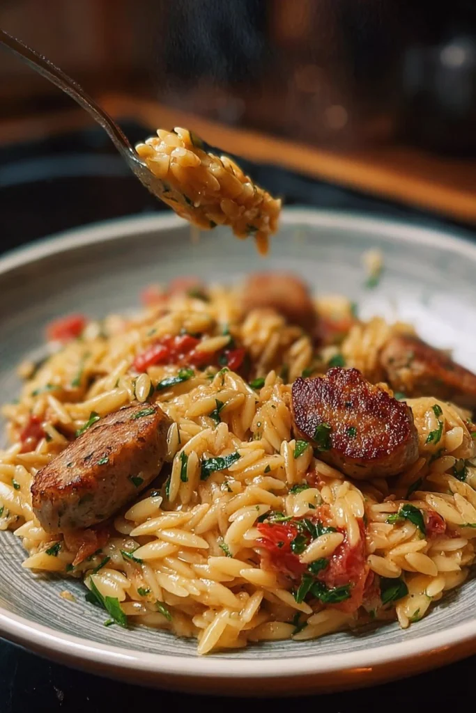 Creamy chicken sausage orzo dish garnished with herbs