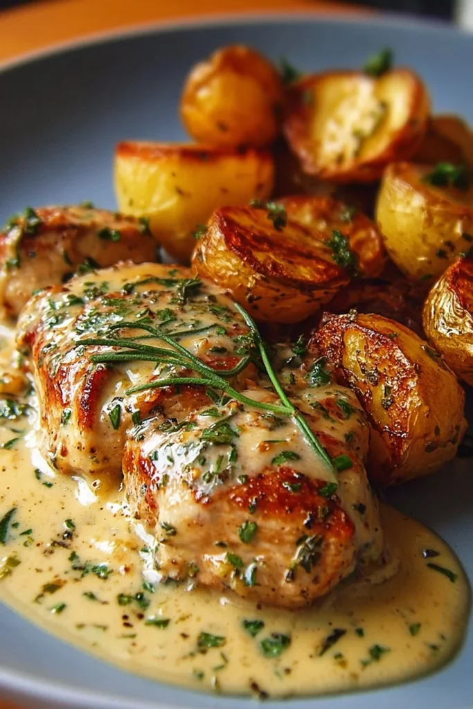 Creamy garlic chicken served with crispy potatoes in a delicious plate.