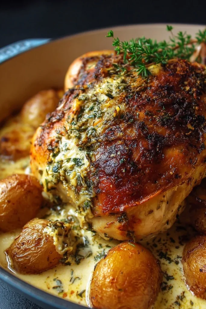 Creamy garlic-herb roast chicken with roasted potatoes on a serving platter