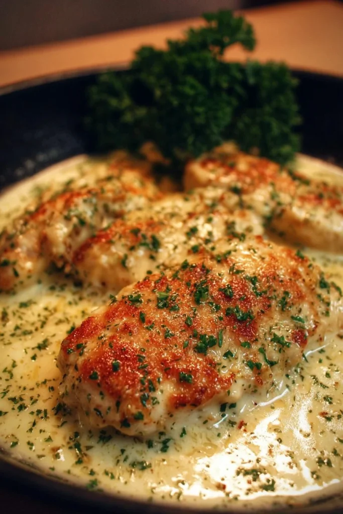 Delicious creamy garlic parmesan chicken served with herbs on a plate