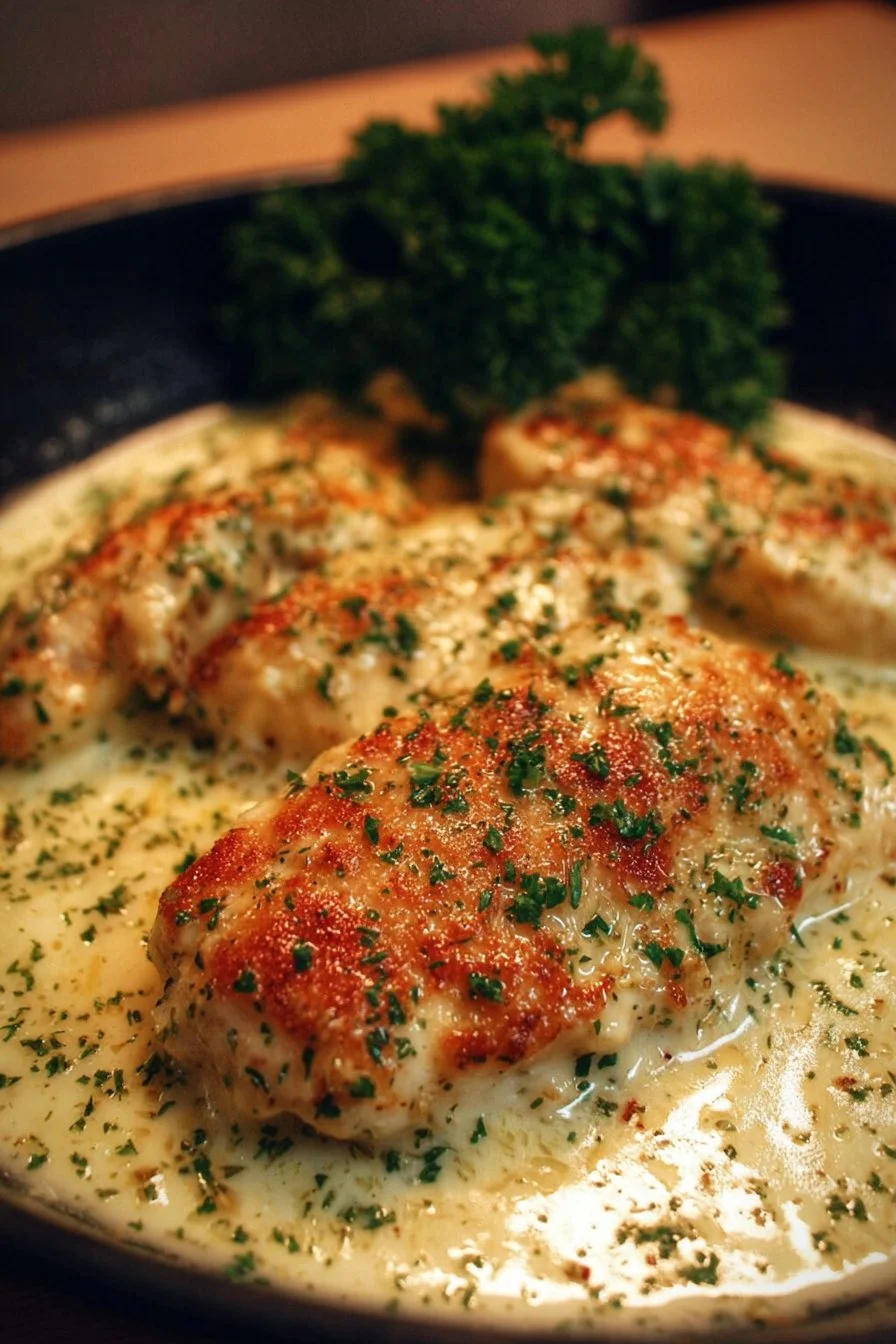 Delicious creamy garlic parmesan chicken served with herbs on a plate